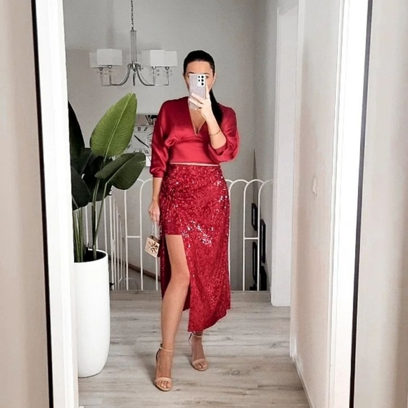 Zara Red Velvet Sequin Midi Skirt - Picture 4 of 9